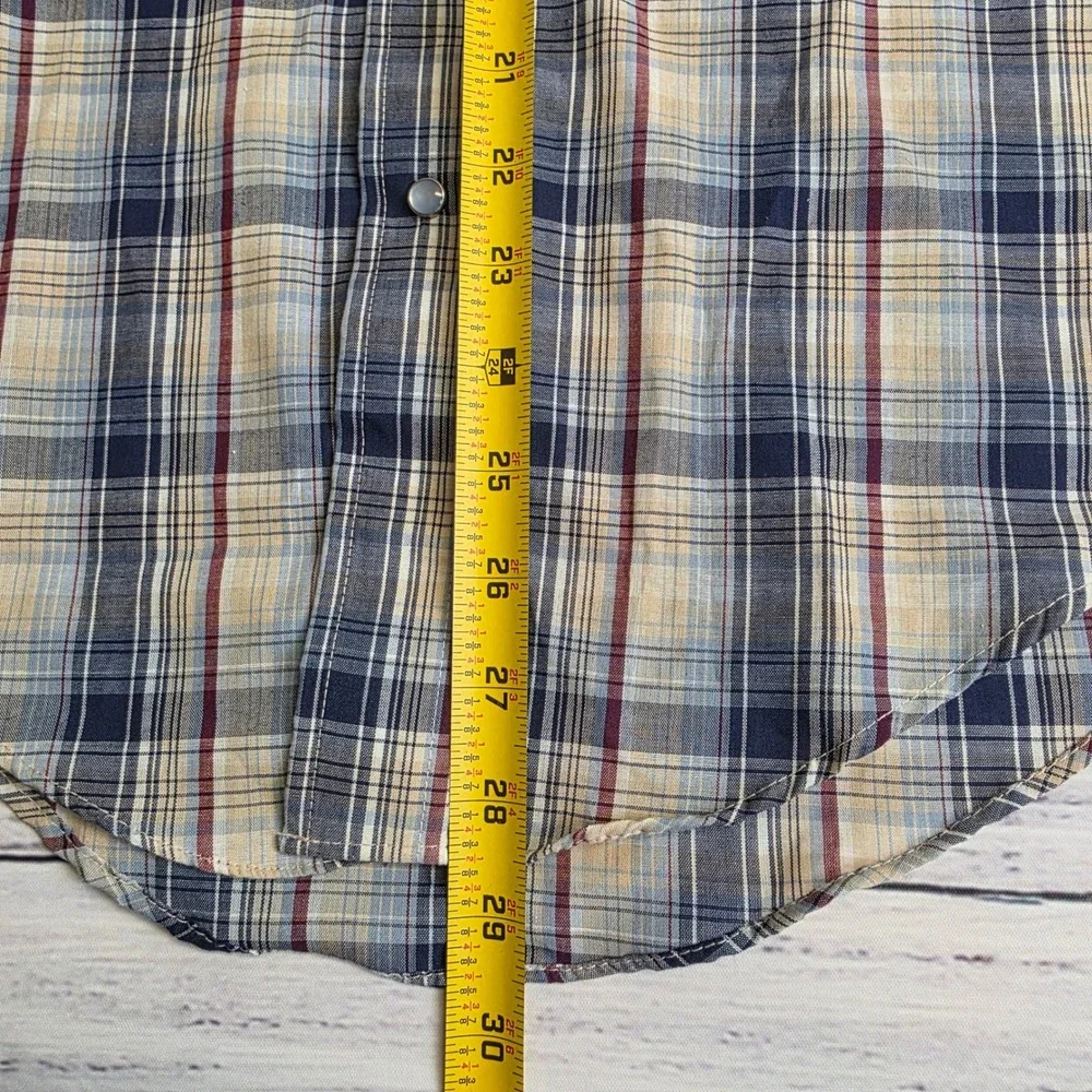 Vintage 1984 Levis Western Pearl Snap Shirt Mens Small Plaid Blue Tan Light Thin
